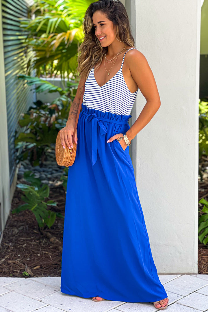 royal blue and white maxi dress Camila White & Blue Floral Ruffle Maxi Dress