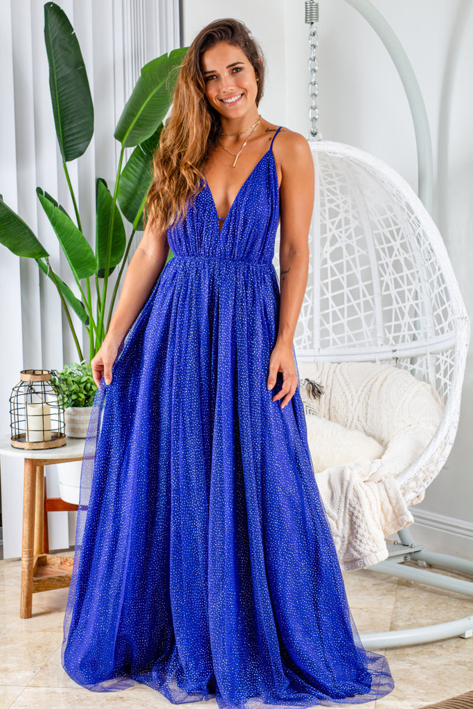 Royal Blue Maxi Dress With Gold Glitter Mesh | Maxi Dresses Saved by the Dress Royal Blue Maxi Dress With Gold Glitter Mesh | Maxi Dresses Saved by the Dress