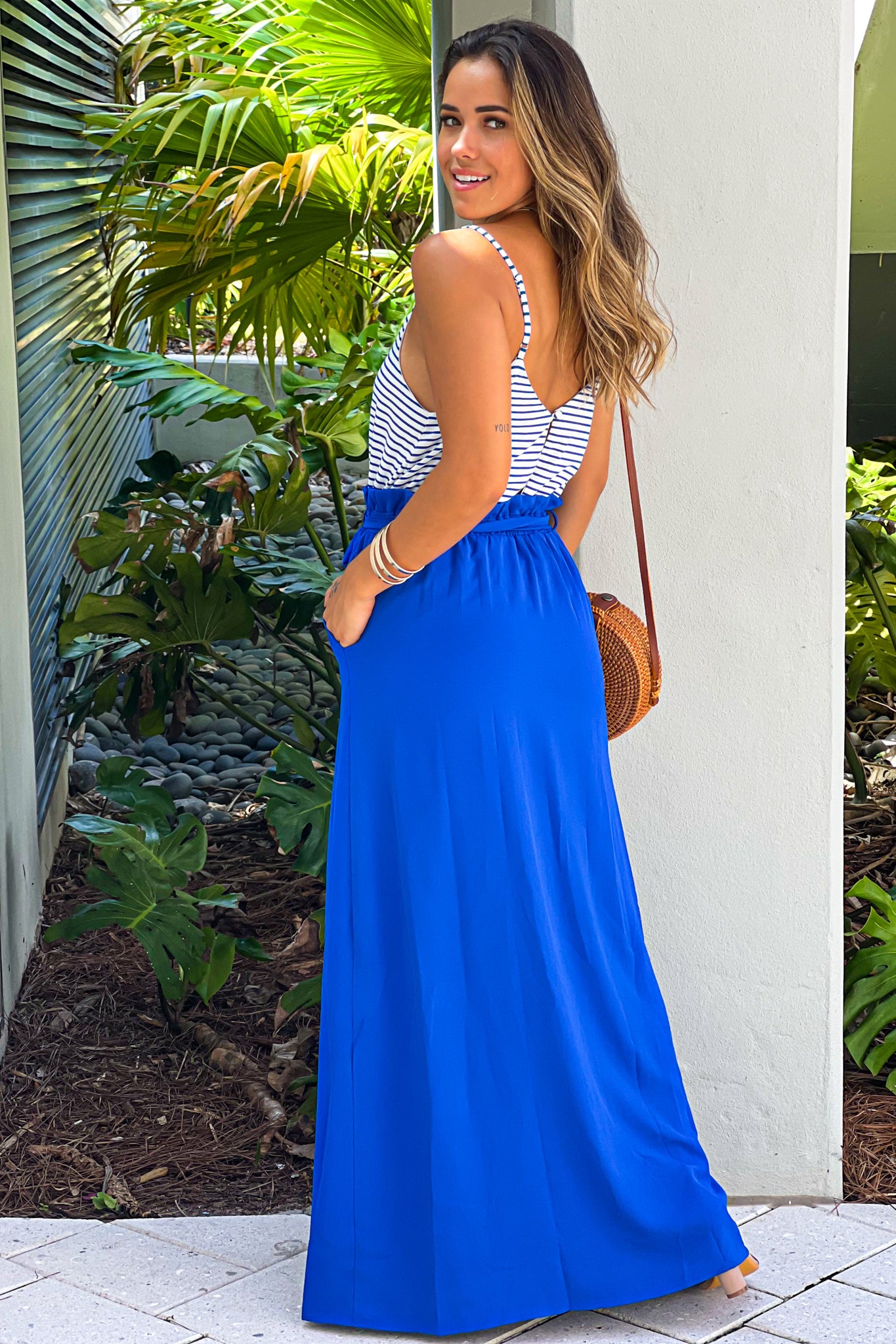 Royal Blue Striped Maxi Dress with Paper Bag Waistline | Maxi Dresses Saved by the Dress Royal Blue Striped Maxi Dress with Paper Bag Waistline | Maxi Dresses Saved by the Dress
