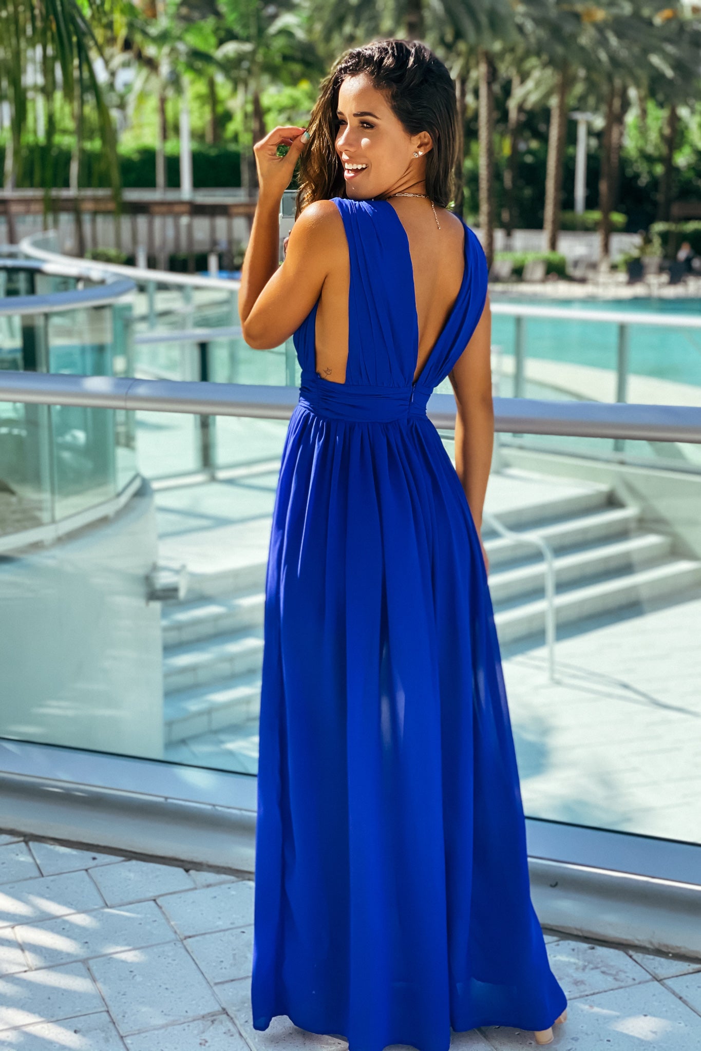 royal blue v-back maxi dress