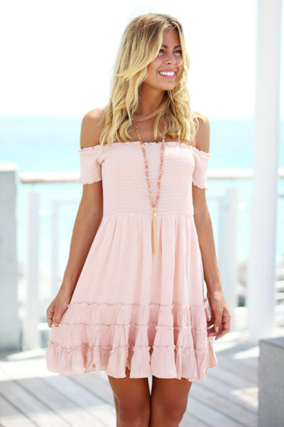 Pink Off Shoulder Short Dress