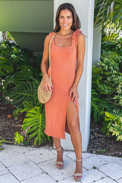 rust ribbed dress with ruffled straps