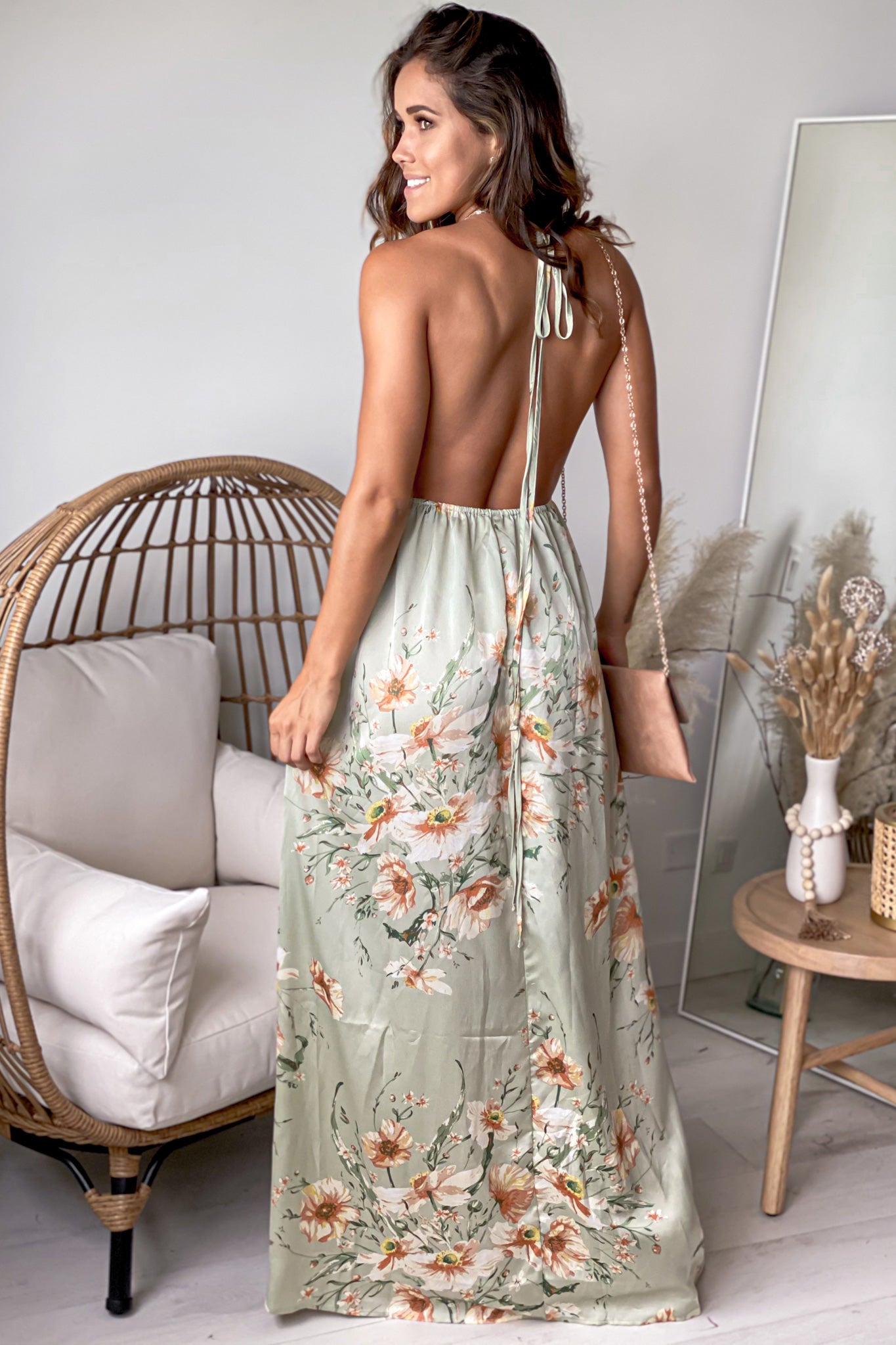 sage floral maxi dress with open back