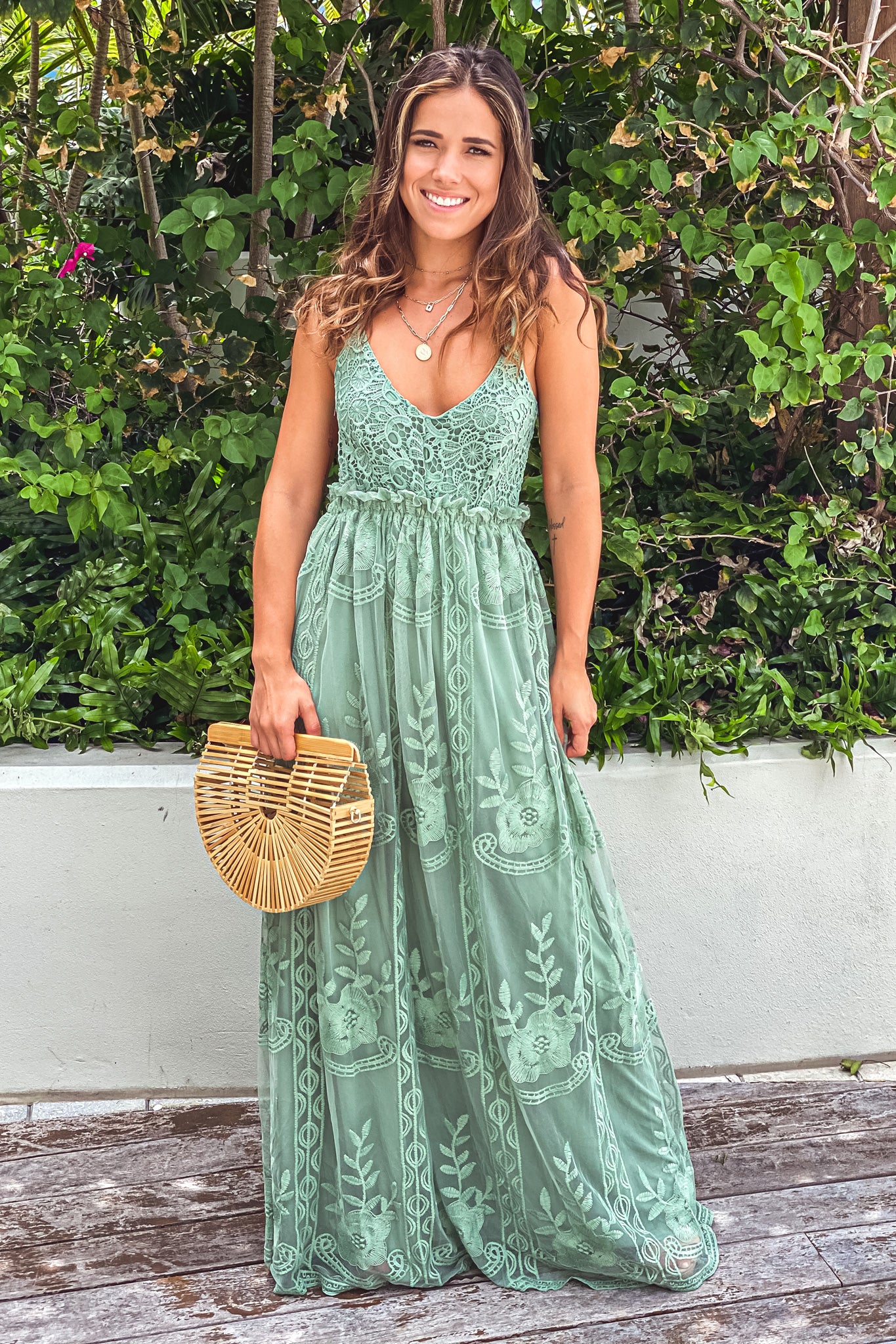 sage lace maxi dress with crochet top