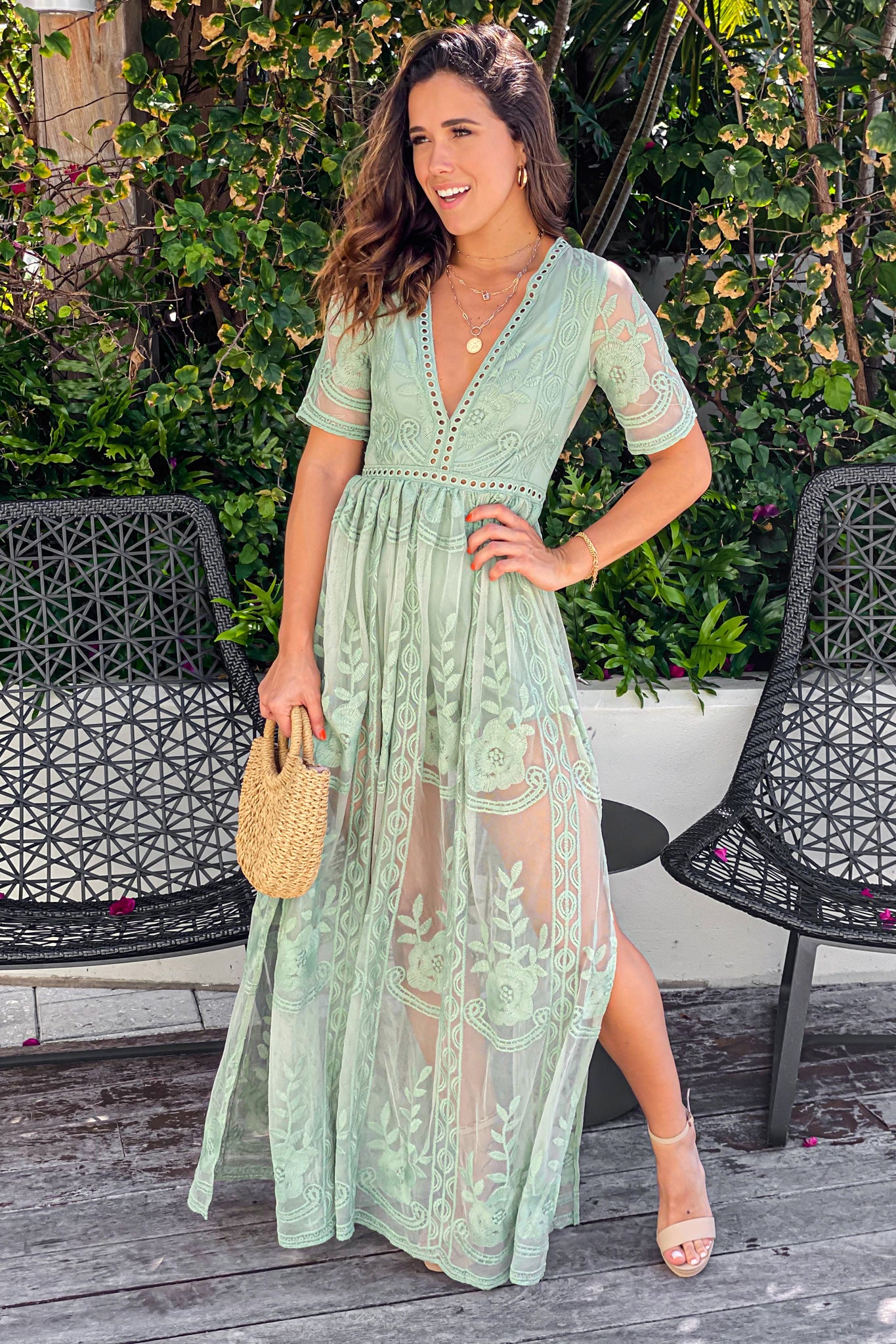 sage lace maxi romper with sleeves and slits