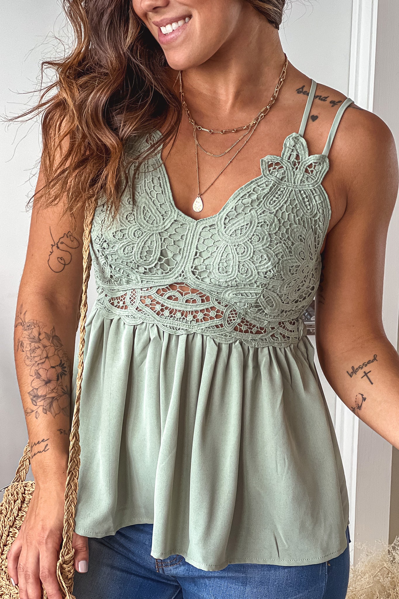 sage lace top with criss cross back