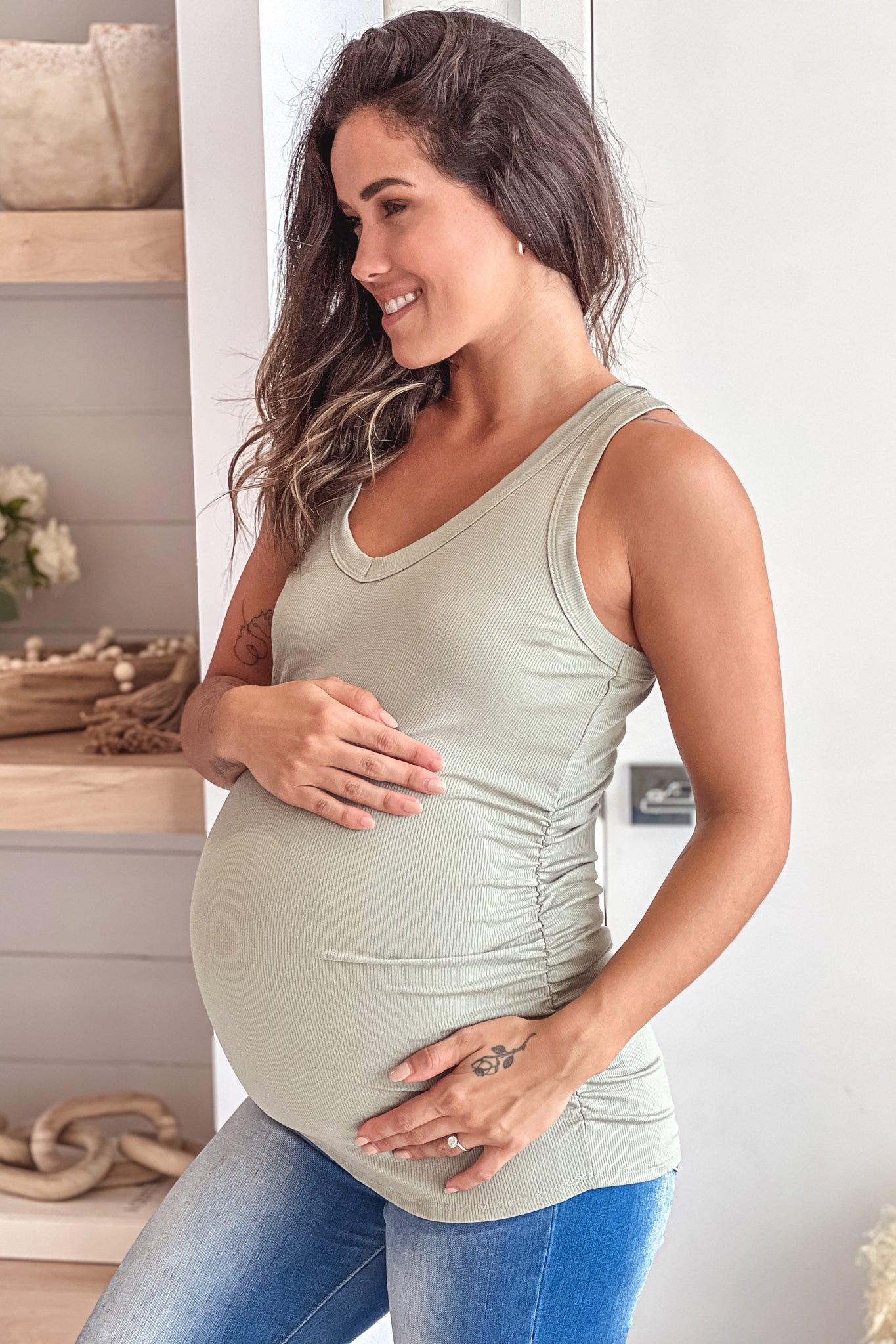 sage maternity tank top with side ruching