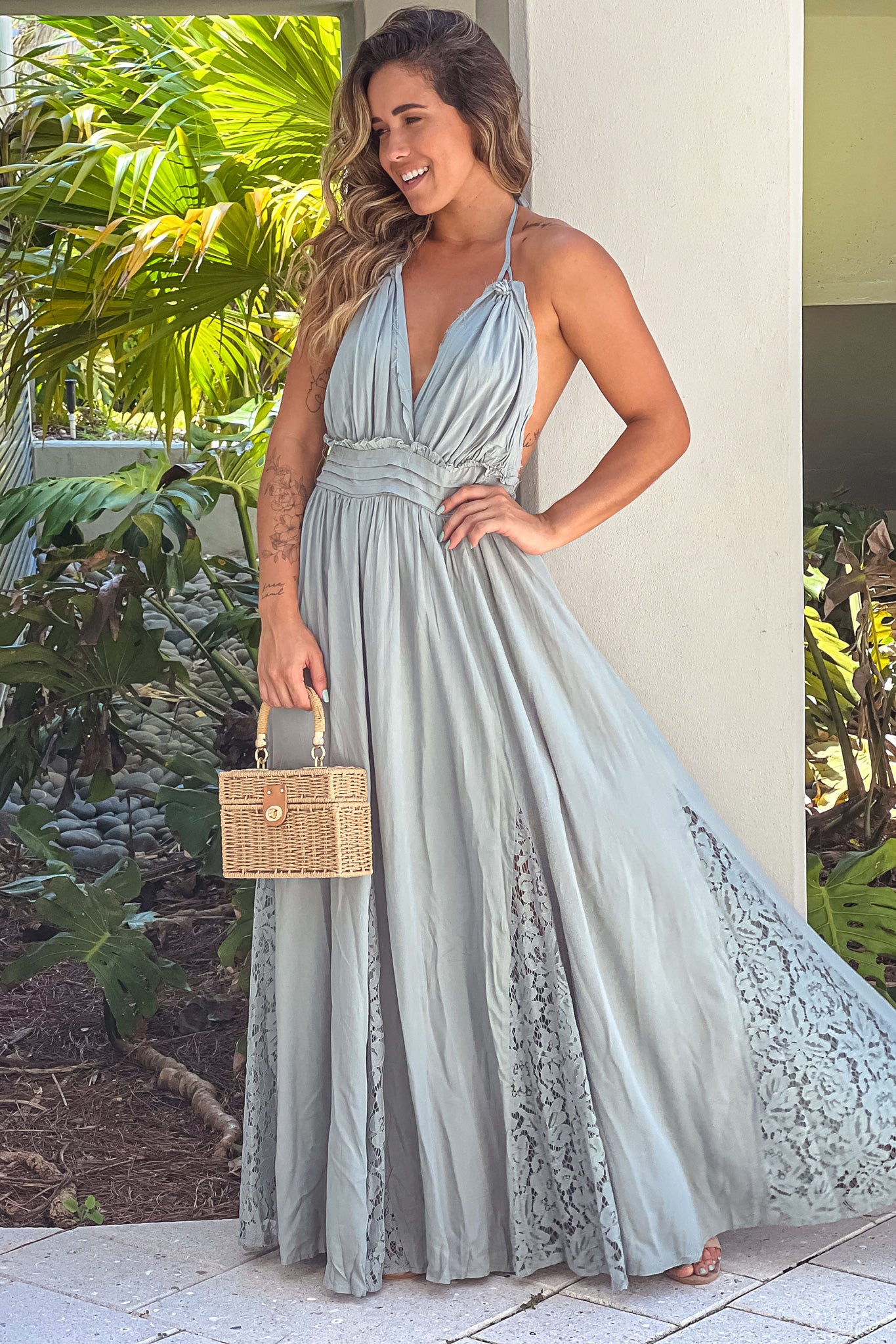 sage maxi dress with lace detail