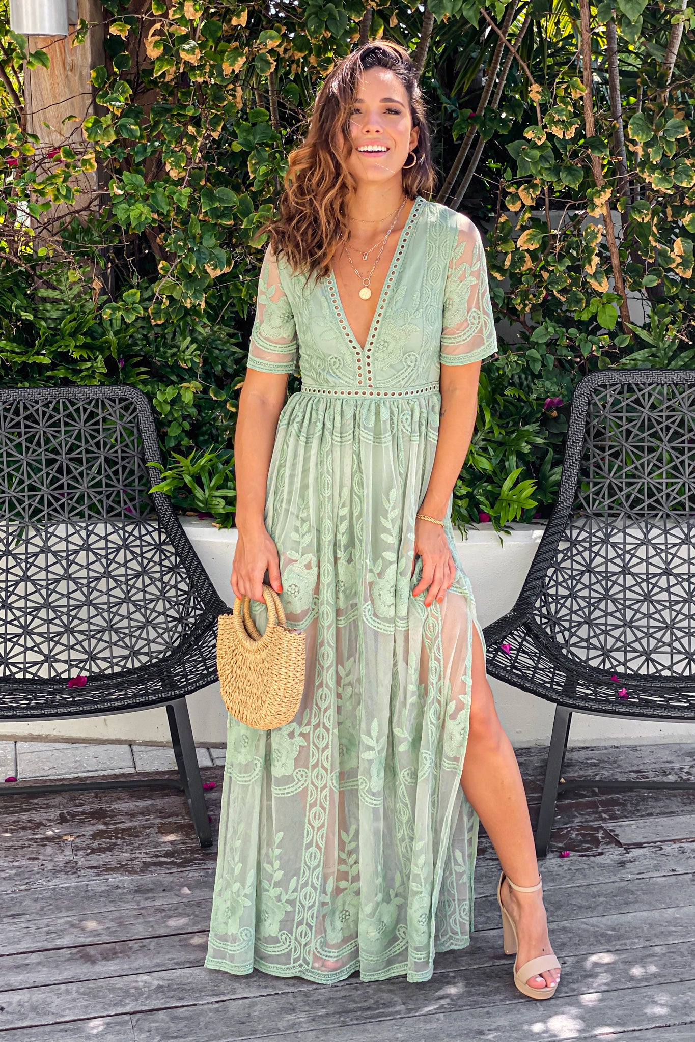 Sage Lace Maxi Romper with Sleeves and Slits