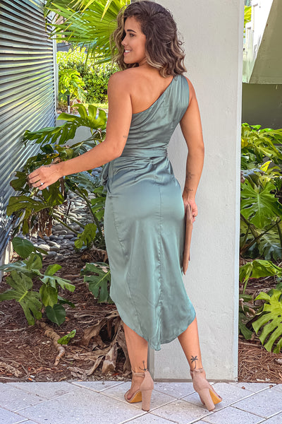 sage one shoulder midi dress