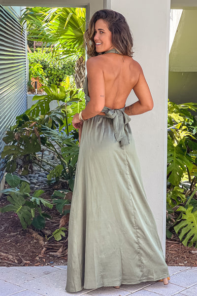 sage satin open back maxi dress