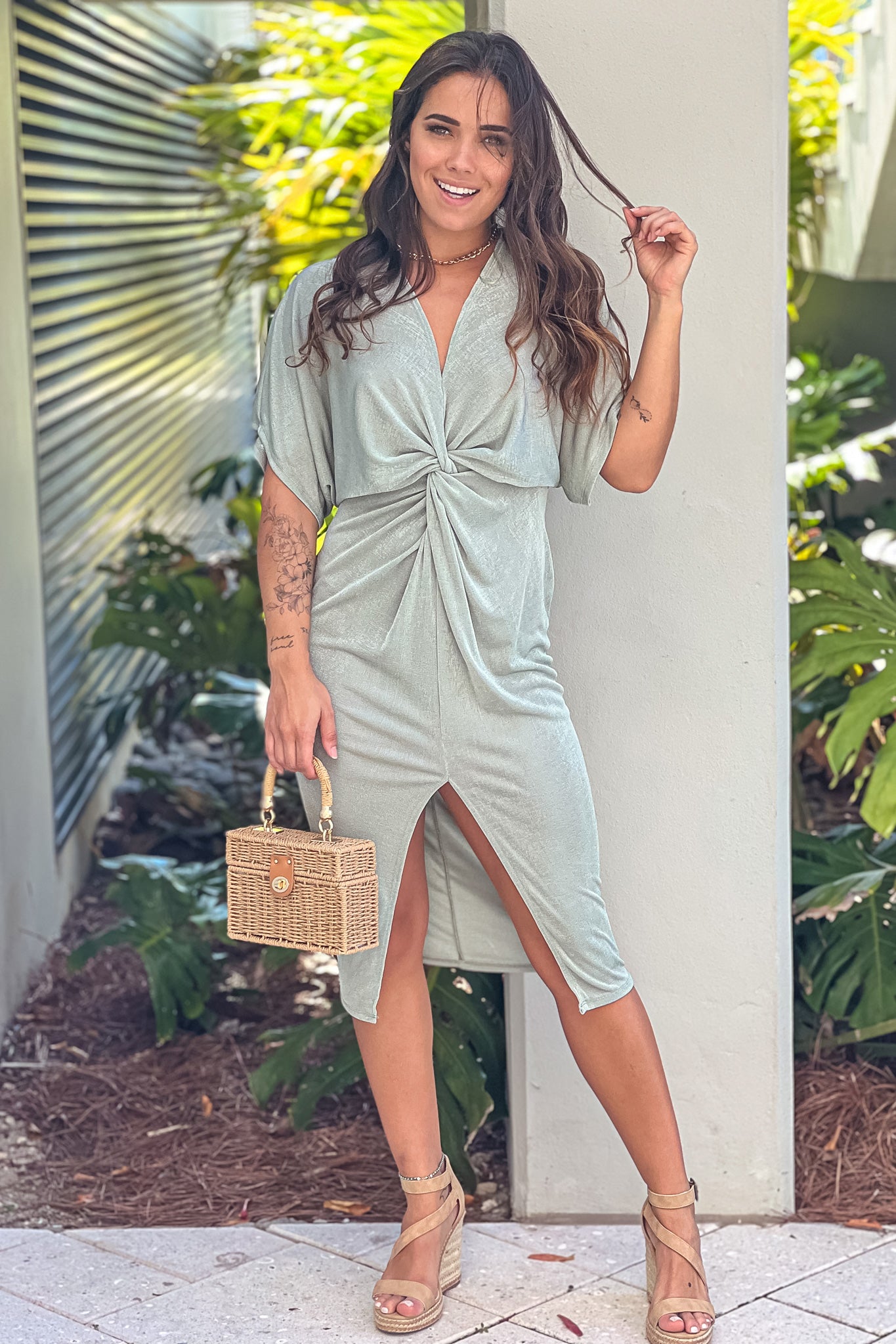 knot front midi dress Warehouse Women's Printed Satin Knot Front Asymmetric Hem Midi Dress