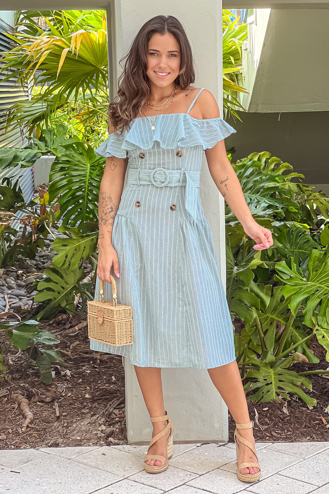 Sage Striped Off Shoulder Ruffle Midi Dress