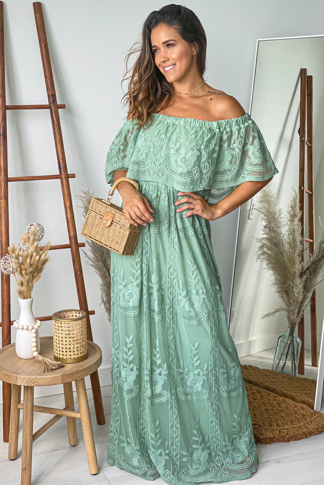 Sage Lace Off Shoulder Maxi Dress | Maxi Dresses – Saved by the Dress