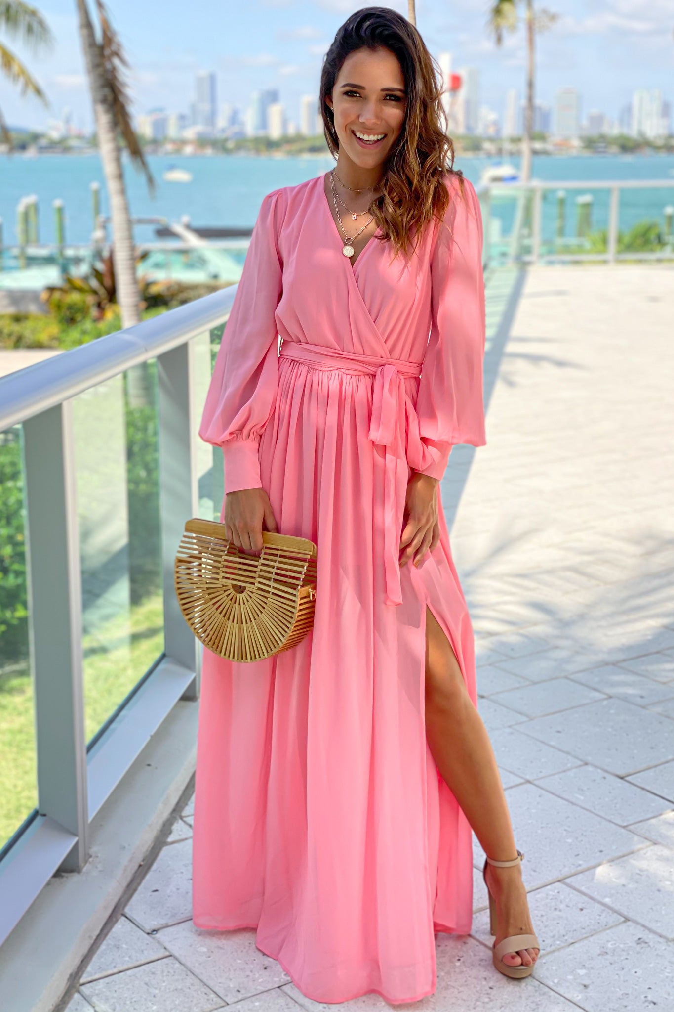 salmon maxi dress with long sleeves and slit