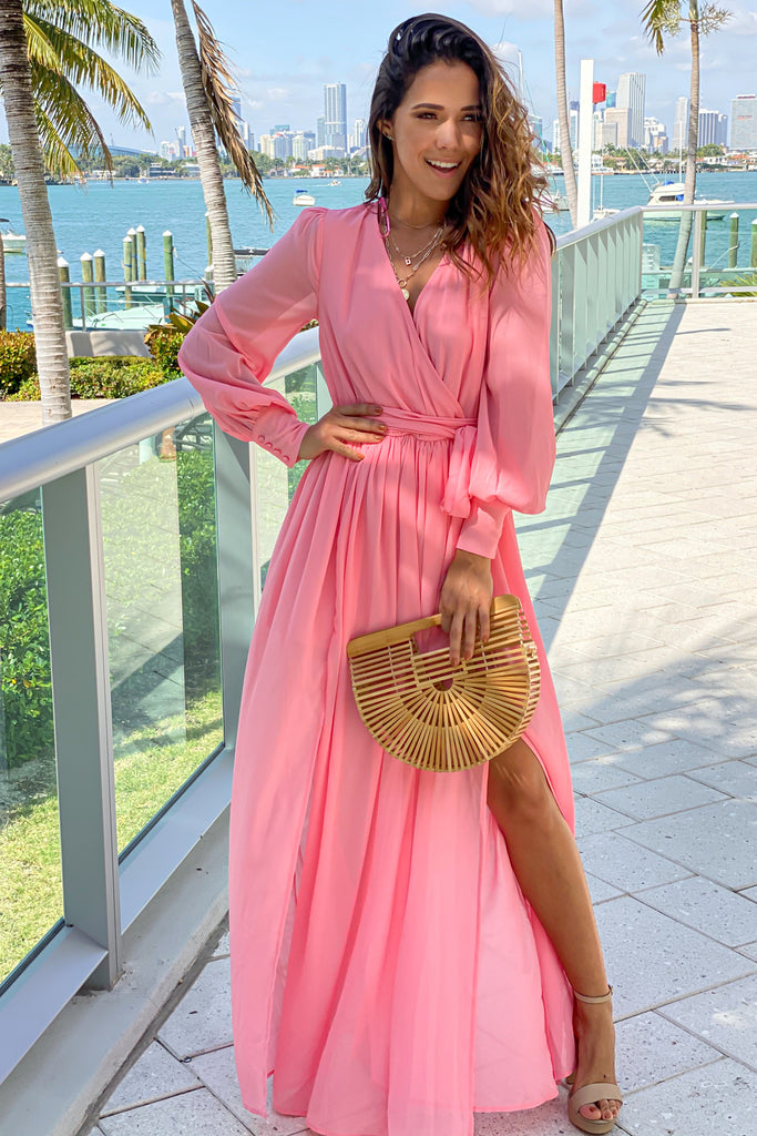 Salmon Maxi Dress With Long Sleeves And Slit