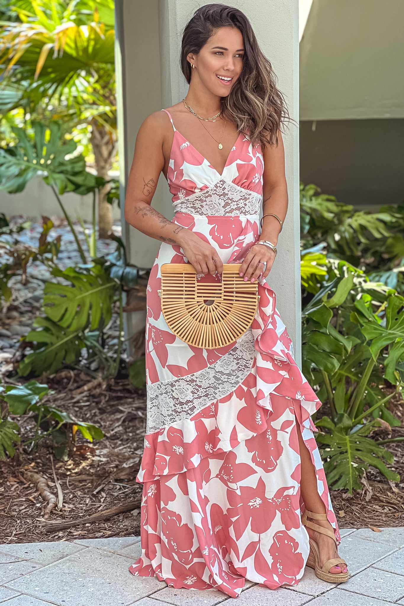salmon maxi dress with lace detail