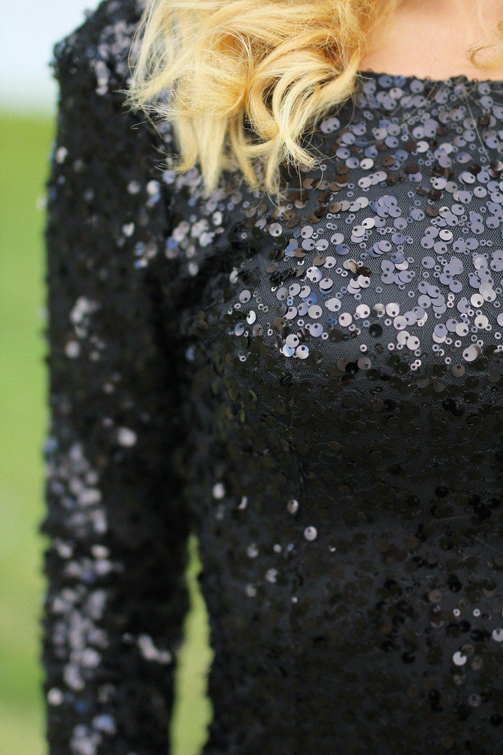 Black Sequined Short Dress with Long Sleeves | Black Cocktail Dress Saved by the Dress Black Sequined Short Dress with Long Sleeves | Black Cocktail Dress Saved by the Dress