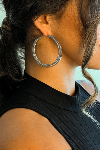 Silver Triple Layer Hoop Rhinestone Earrings