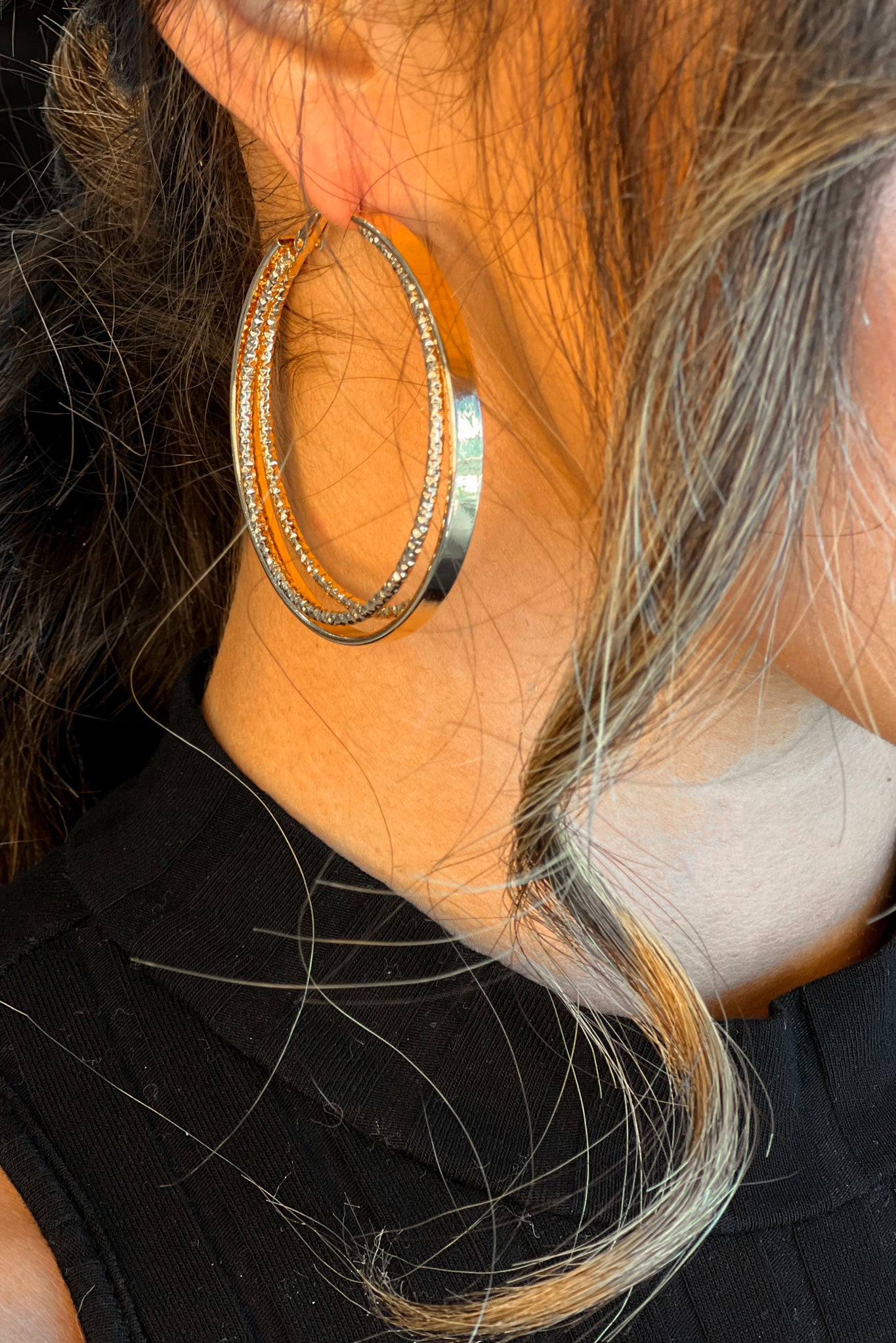 silver triple layer rhinestone hoop earrings