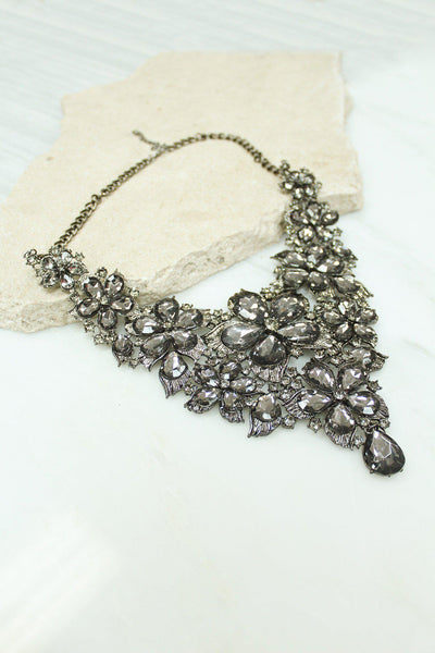 Gray Crystal Bib Flower Necklace