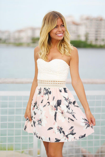 Cream Lace Floral Strapless Dress