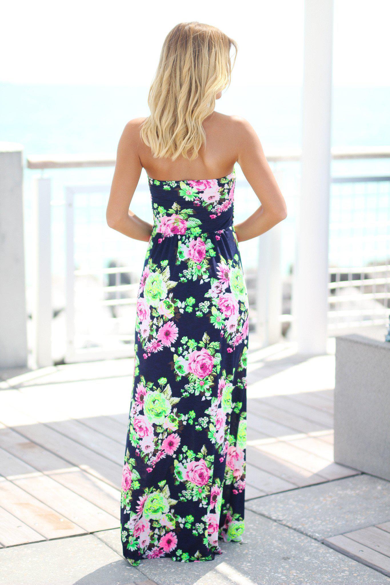 Navy and Neon Pink Floral Maxi Dress with Pockets