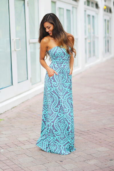 Mint and Gray Printed Maxi Dress with Pockets