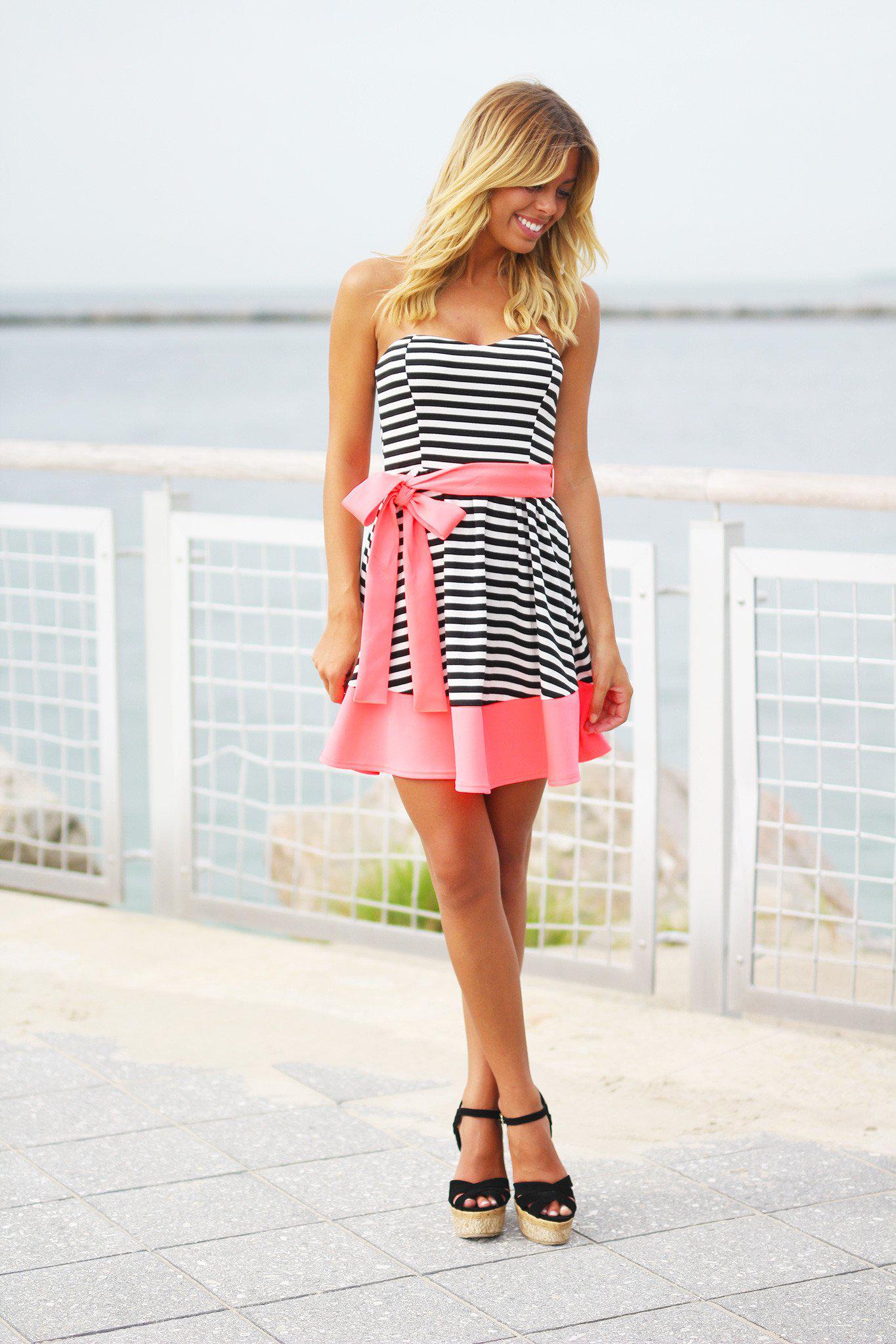 Black and Neon Pink Striped Dress