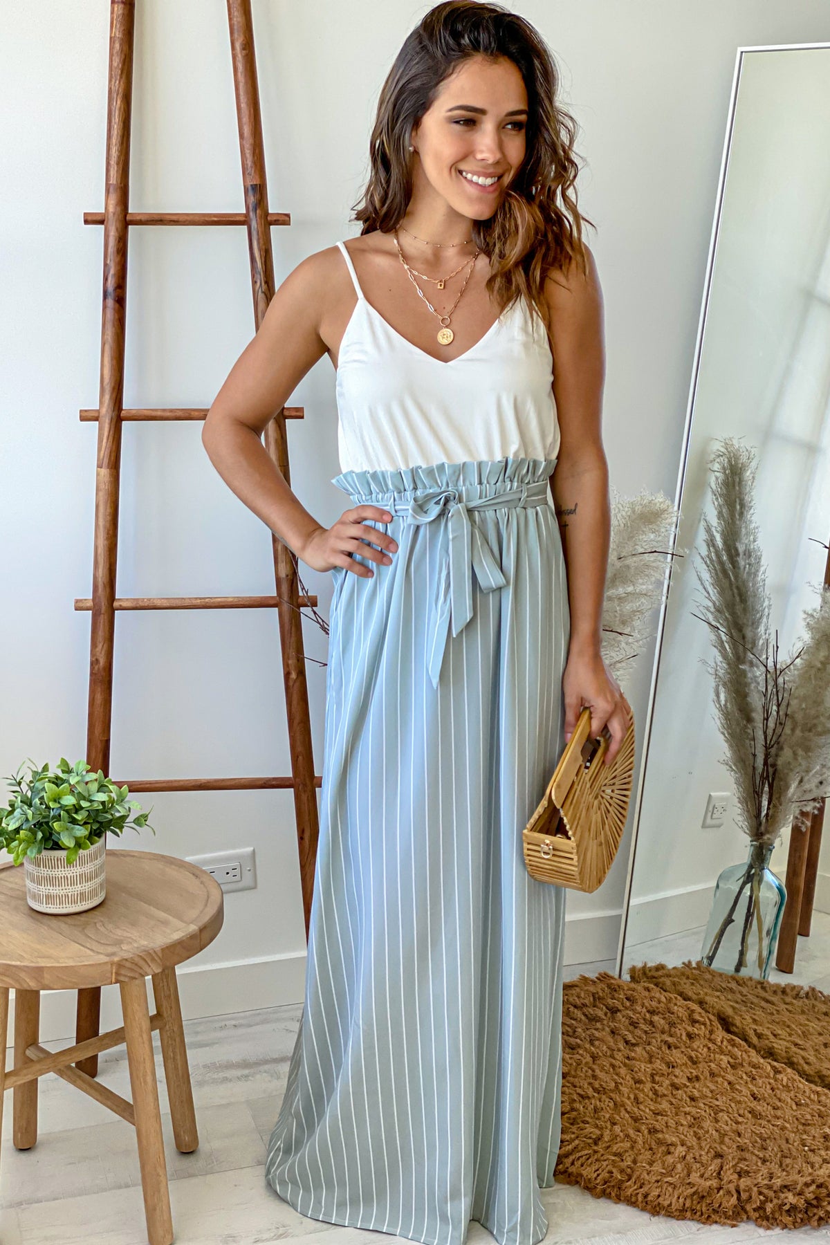 White and Light Blue Striped Maxi Dress