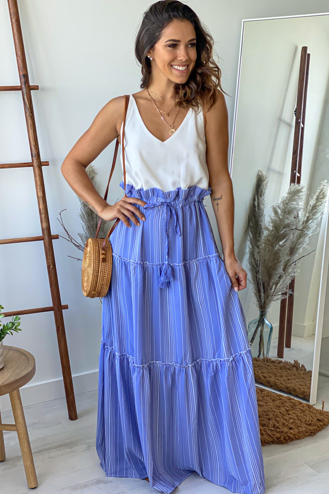 White and Blue Striped Maxi Dress