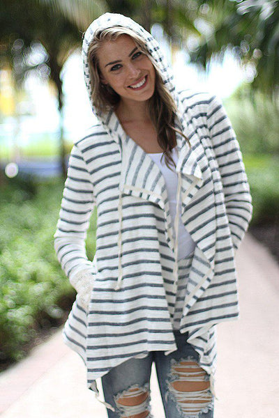 Striped Hooded Cardigan With Crochet Detail