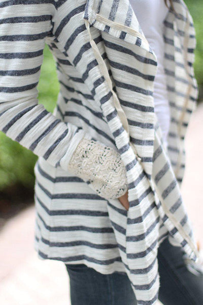 Striped Hooded Cardigan With Crochet Detail