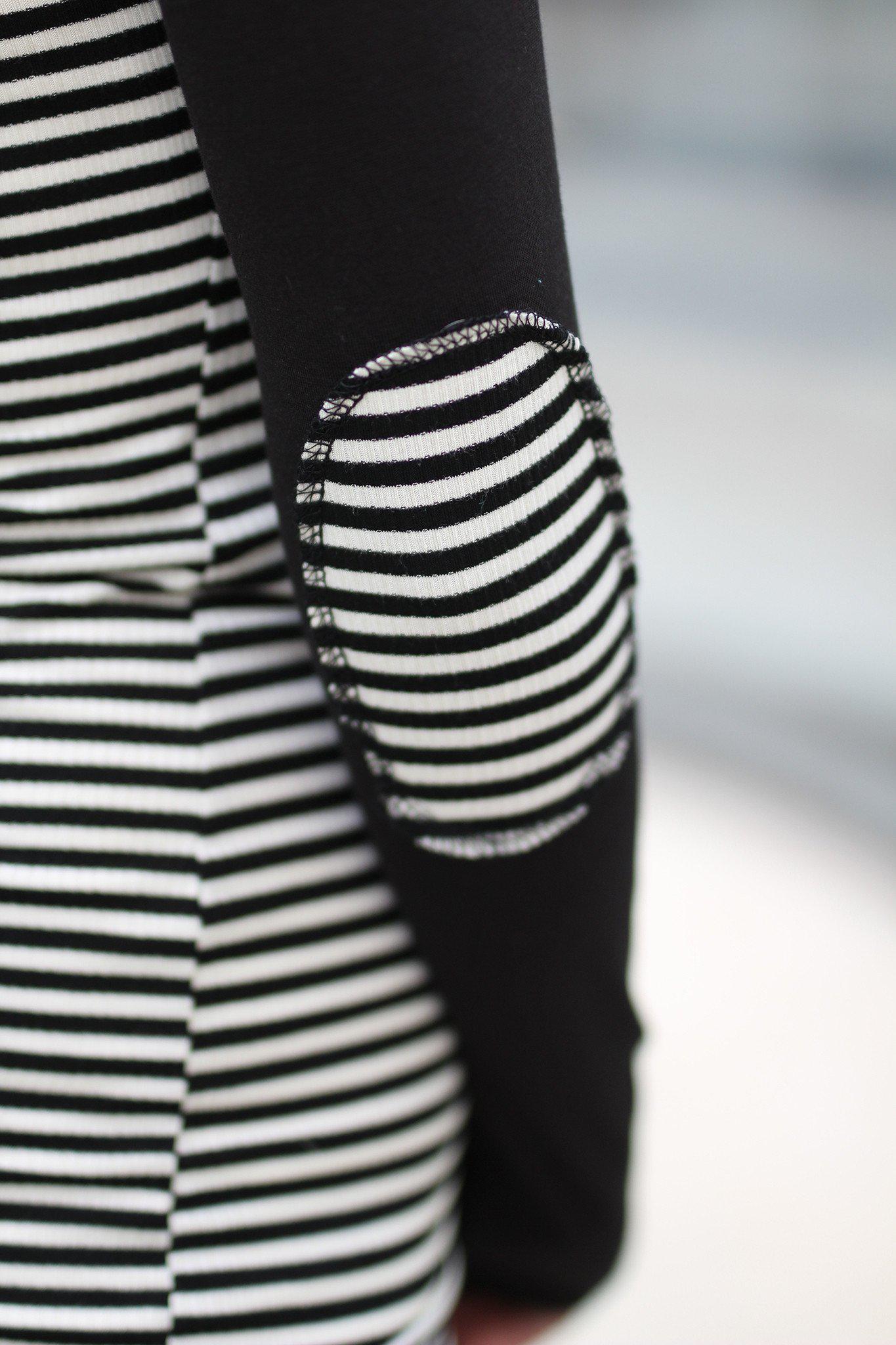 Black and Ivory Striped Top with Elbow Patches
