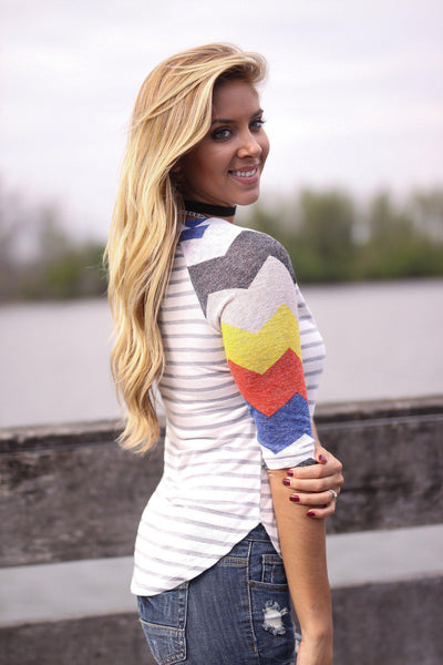 Striped top with chevron sleeve