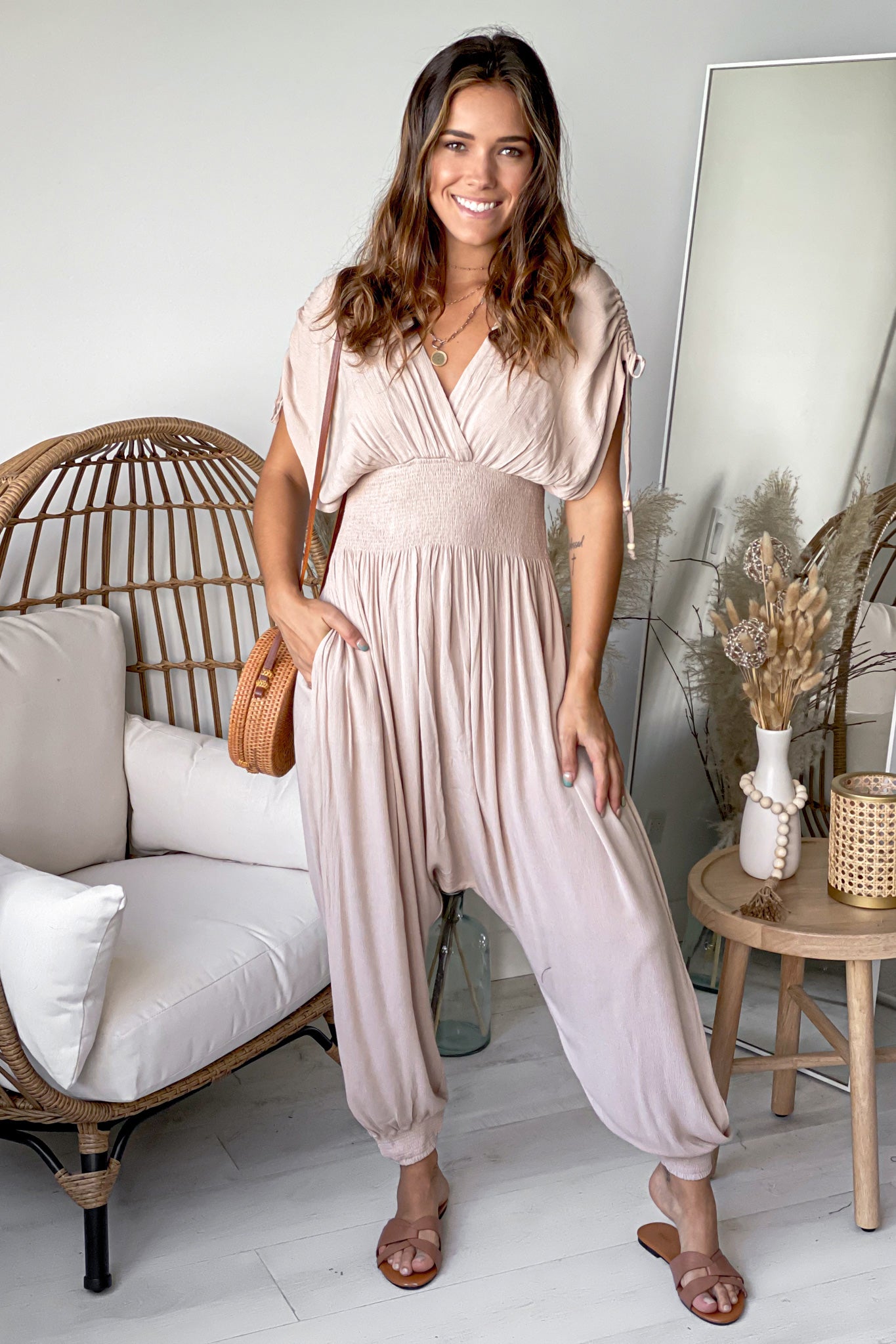 taupe baggie style jumpsuit