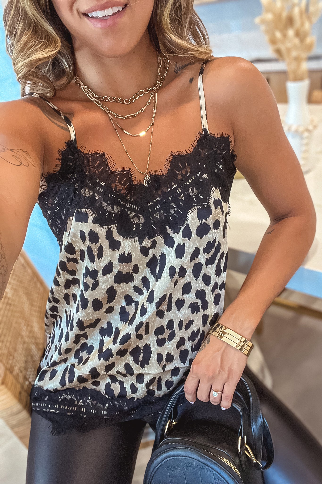 taupe leopard cami top with lace detail