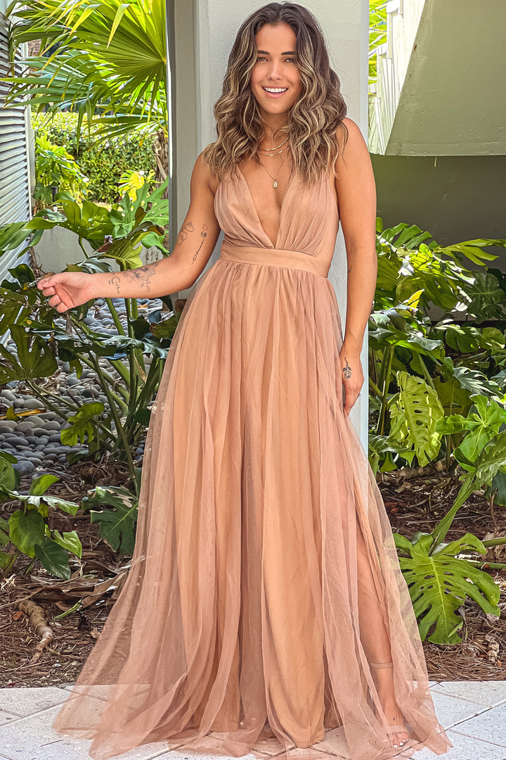 Taupe Mesh V-Neck Maxi Dress | Maxi Dresses  Saved by the Dress