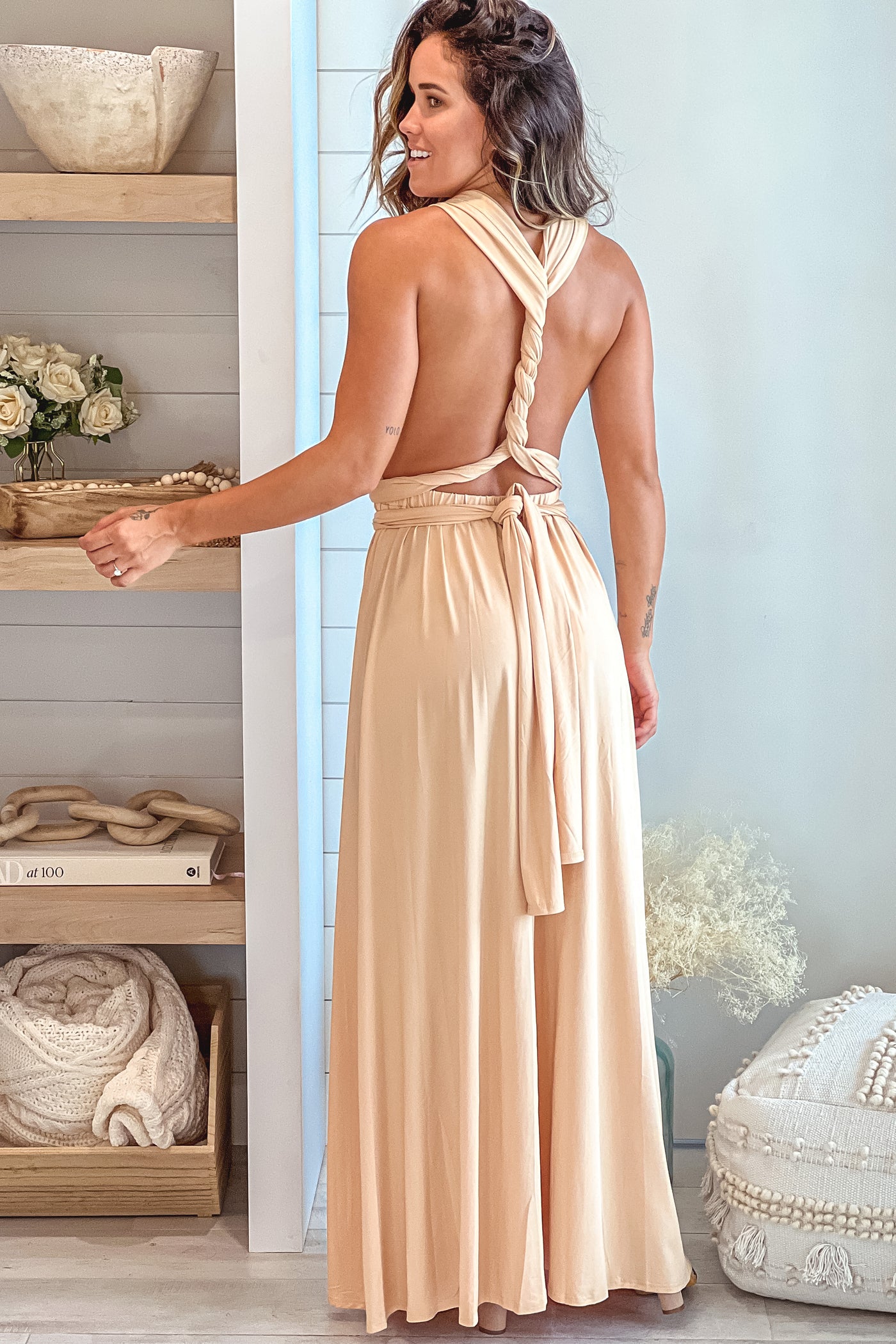 taupe multi tie maxi dress with slit