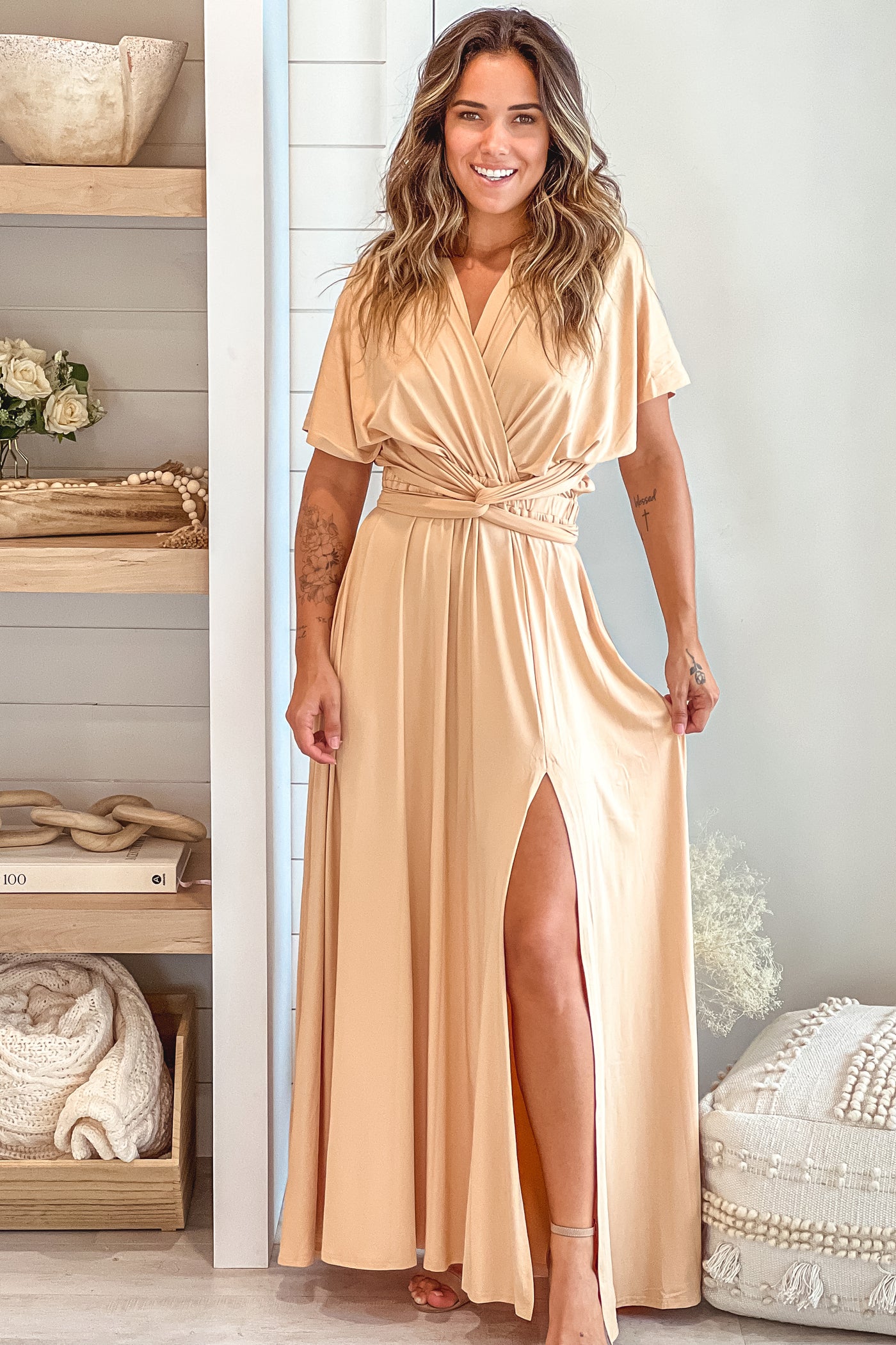taupe multi tie maxi dress with slit