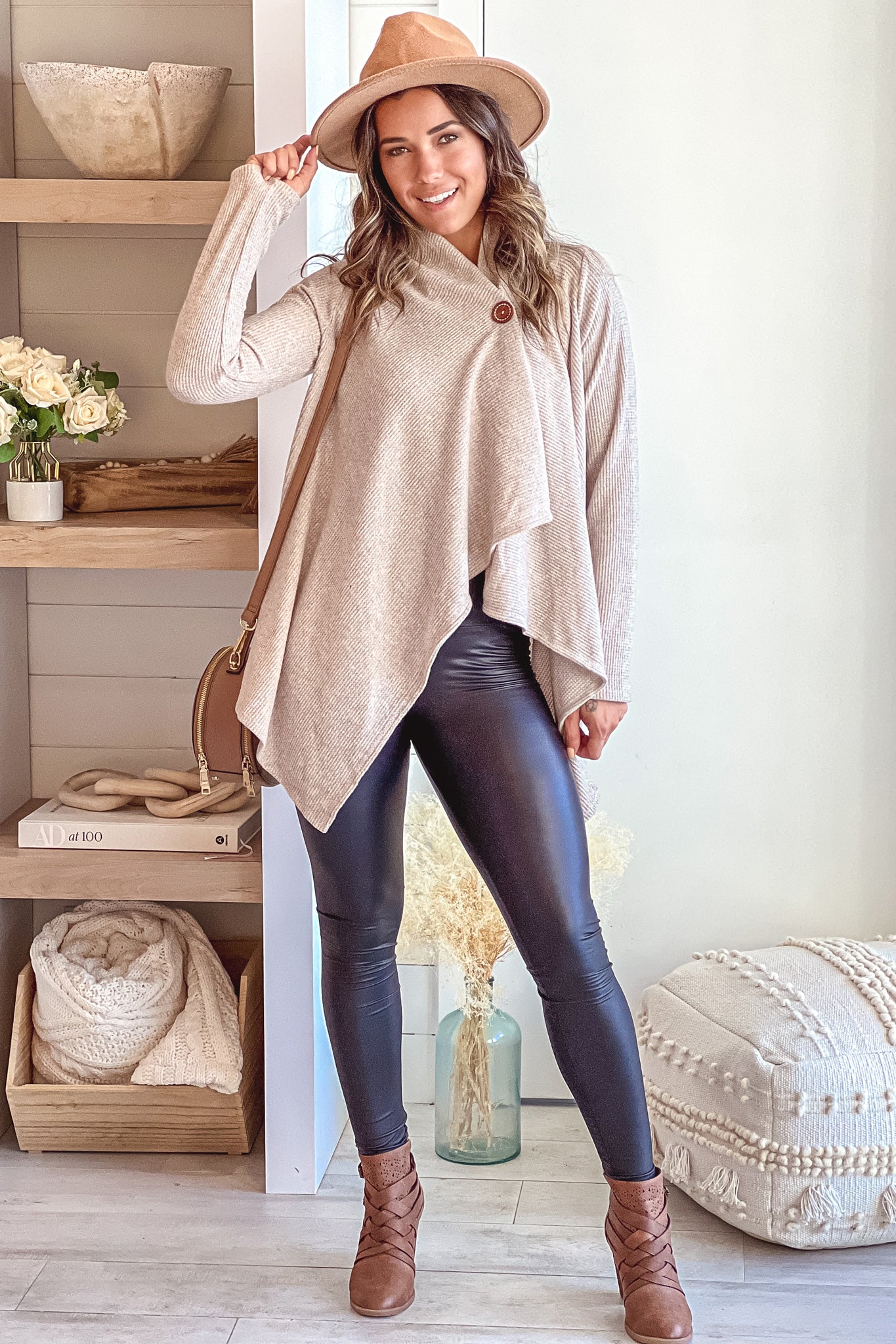 taupe one button cardi