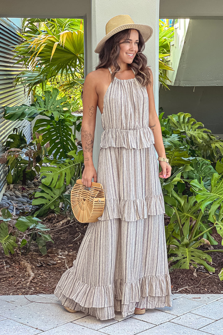 Taupe Printed Halter Neck Maxi Dress