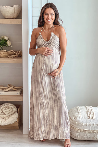 taupe printed maternity maxi dress with open back