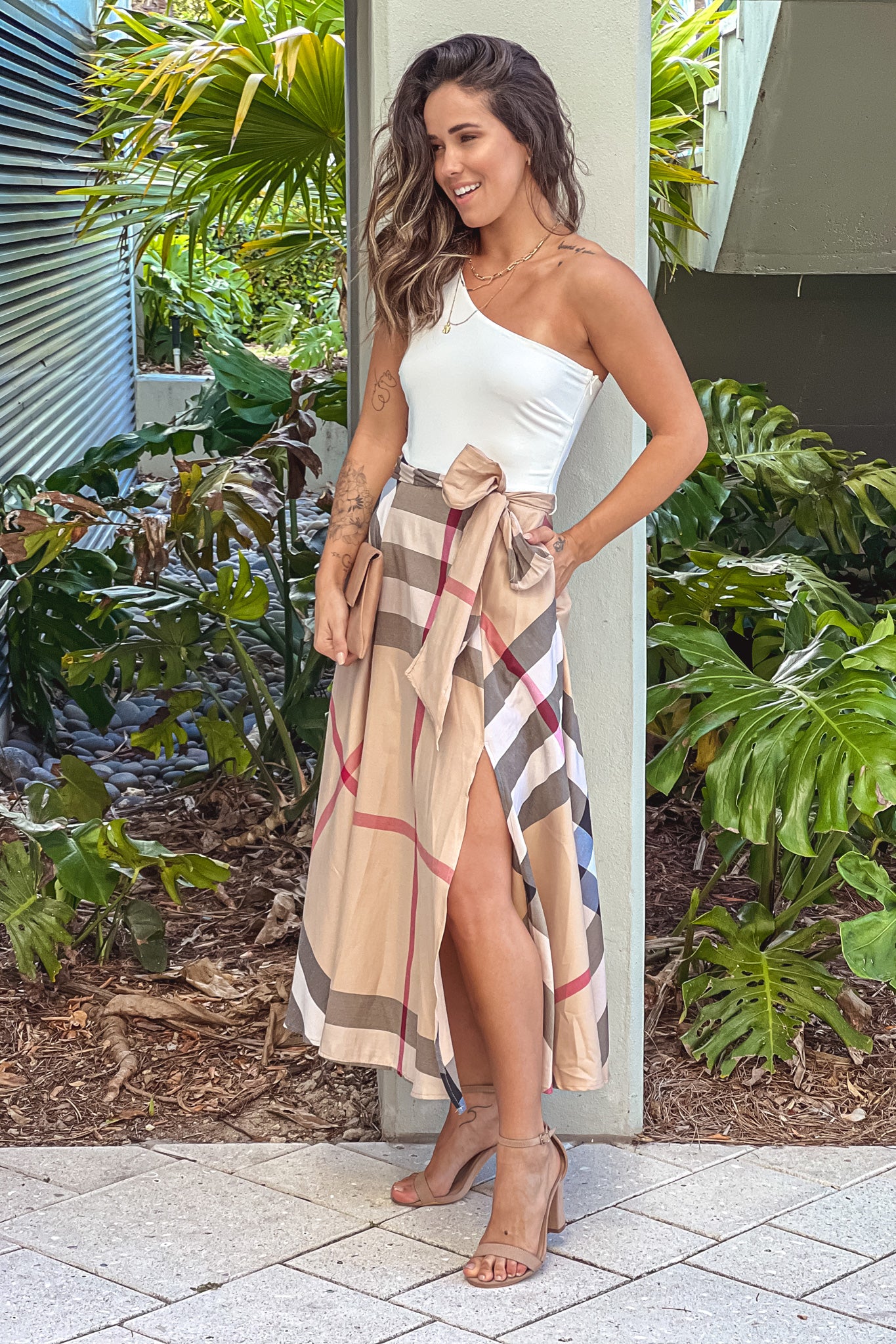 taupe printed one shoulder midi dress with pockets