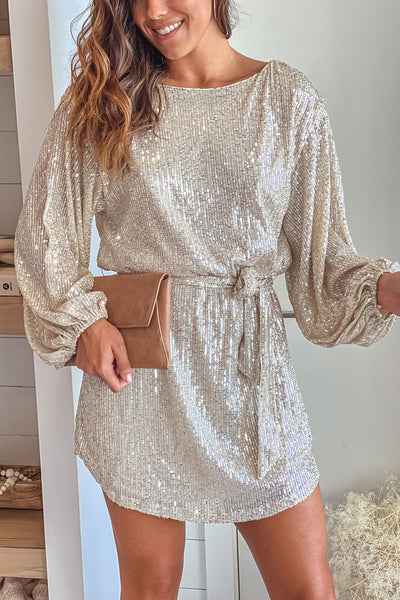 taupe sequin short dress with balloon sleeves