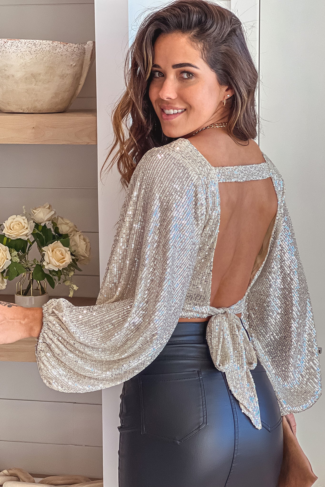 taupe sequined crop top with open back