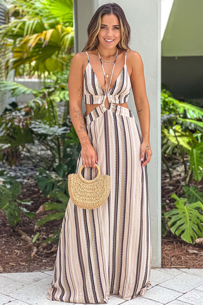 taupe striped maxi dress with cut outs
