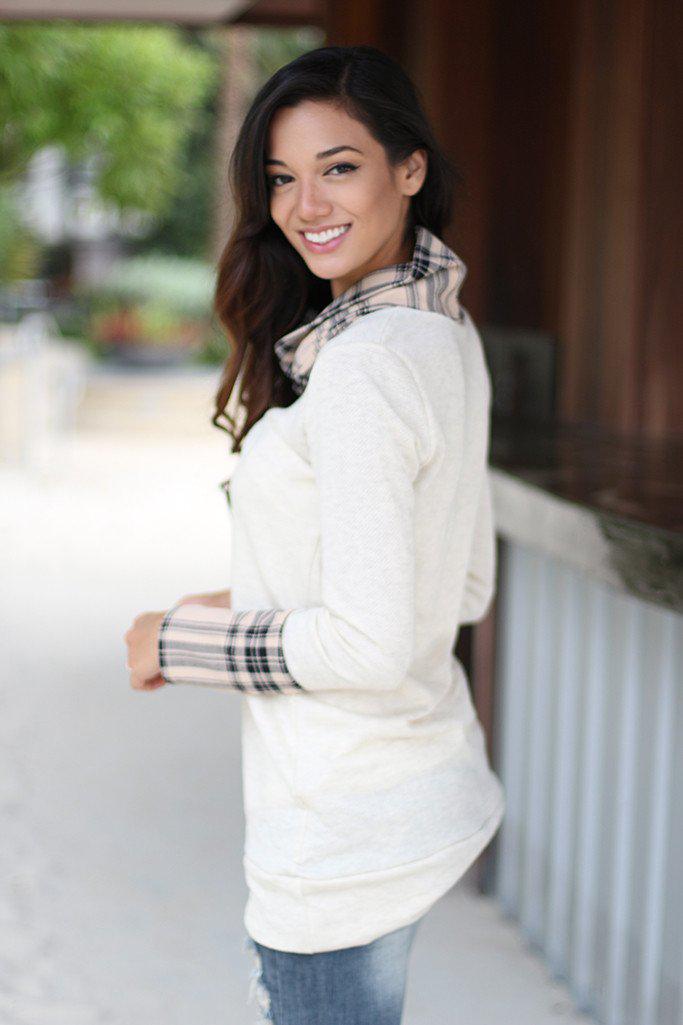 Ivory Plaid Top With Cowl Neck
