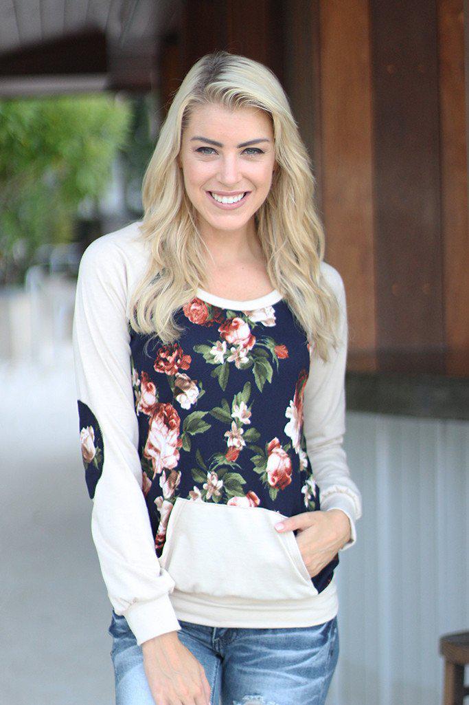 Taupe And Navy Floral Sweater with Pocket