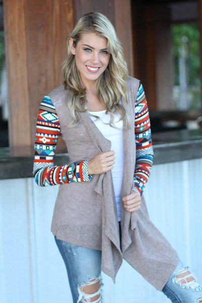 Taupe Cardigan With Printed Sleeves